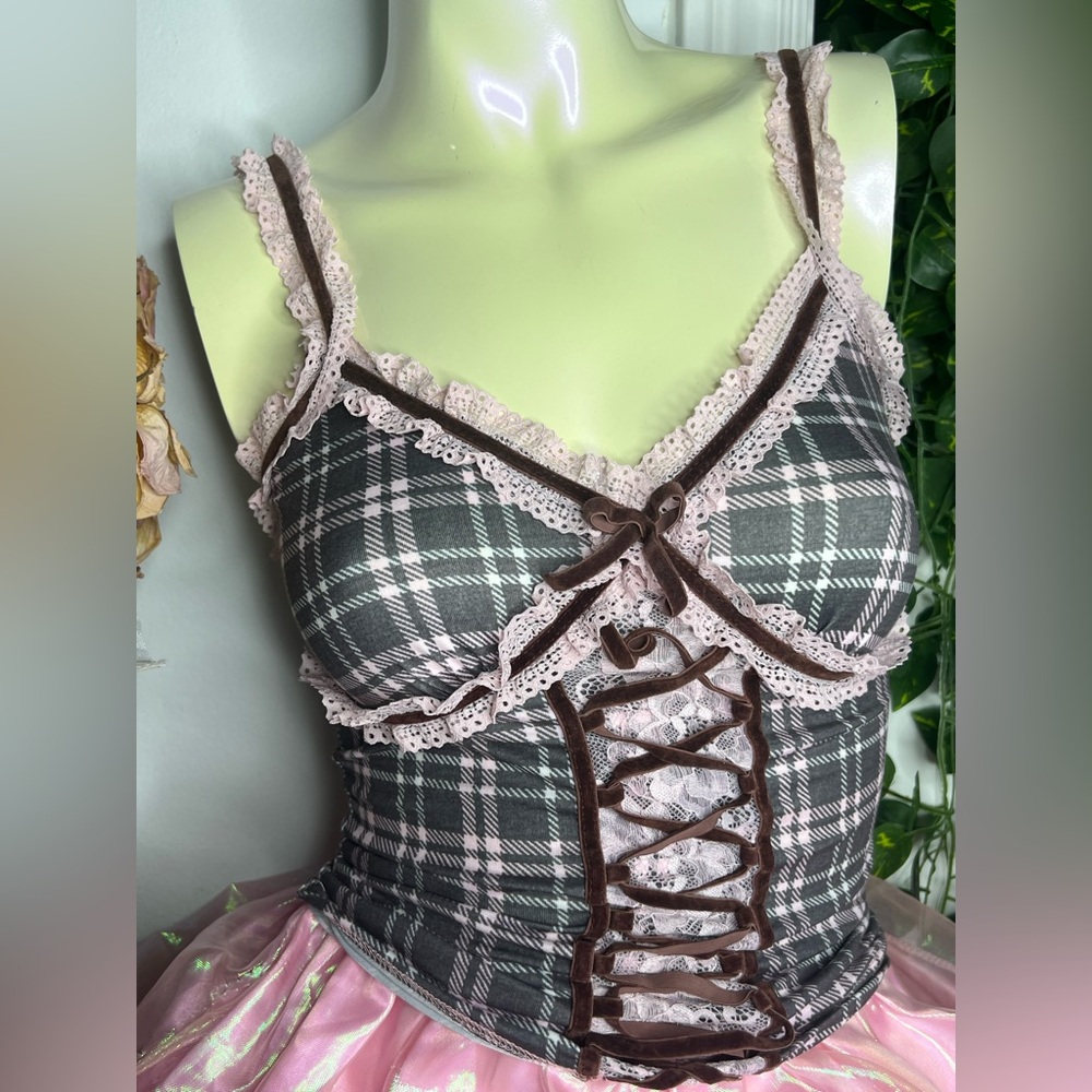 🎀 Plaid Pink Lace-Up Corset Tank